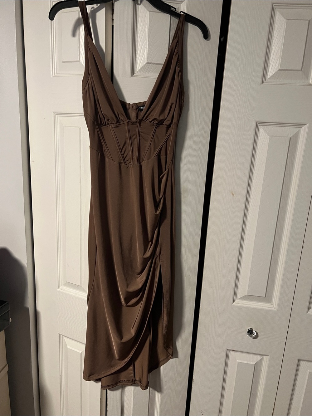Fashion Nova Chocolate Brown Draped Slip Midi Dress